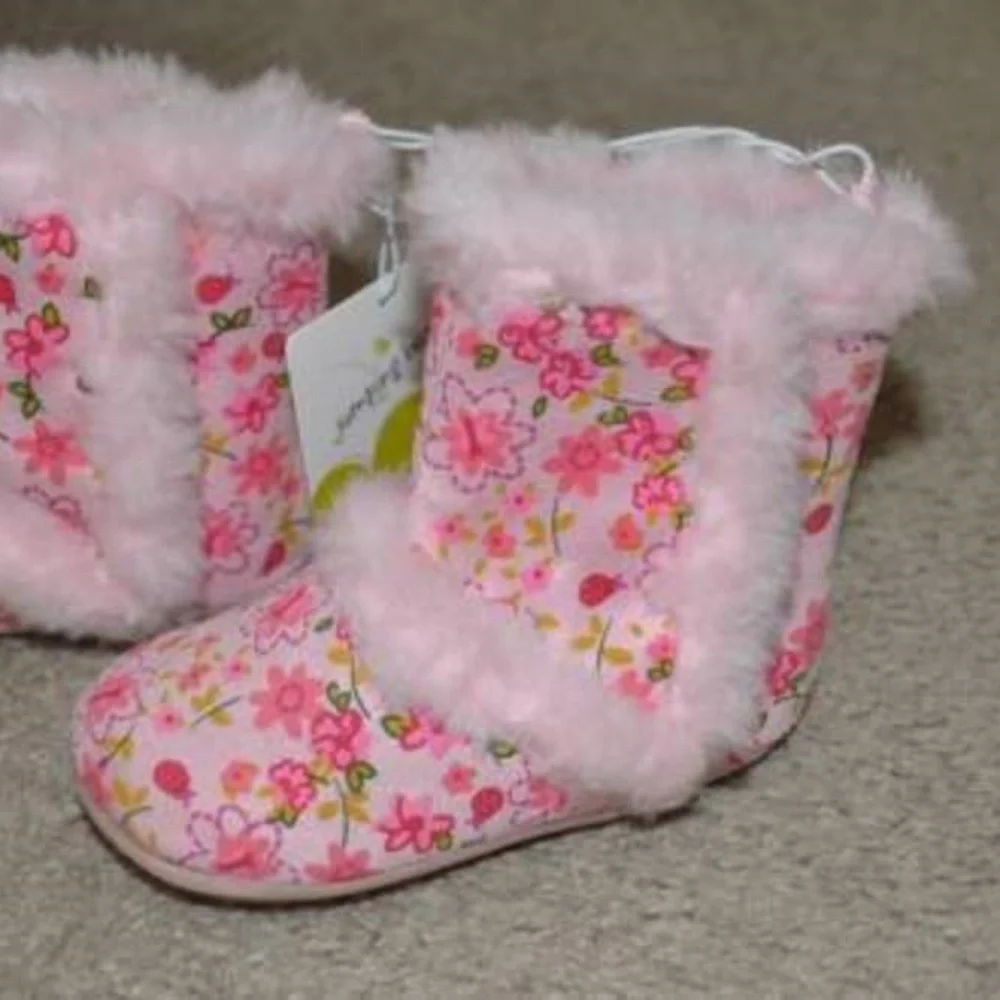 Girls Baby Booties Crib Shoes 4 Jumping Beans Pink Floral Faux Trim Velcro Side